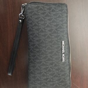 Large Black Leather Michael Kors Wristlet Wallet with Silver Emblem